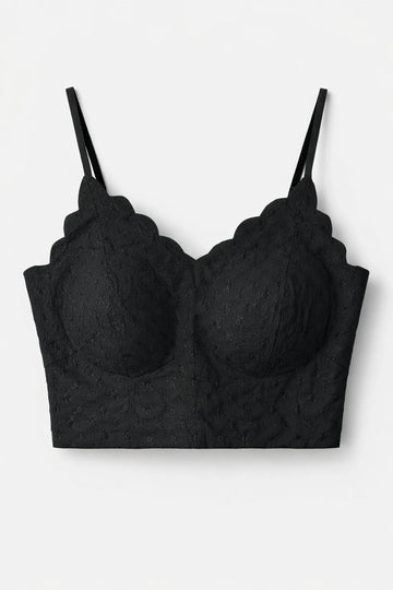Skream® Black Floral Embroidered Bustier Crop Top | Scallop Neckline Corset Bralette for Women