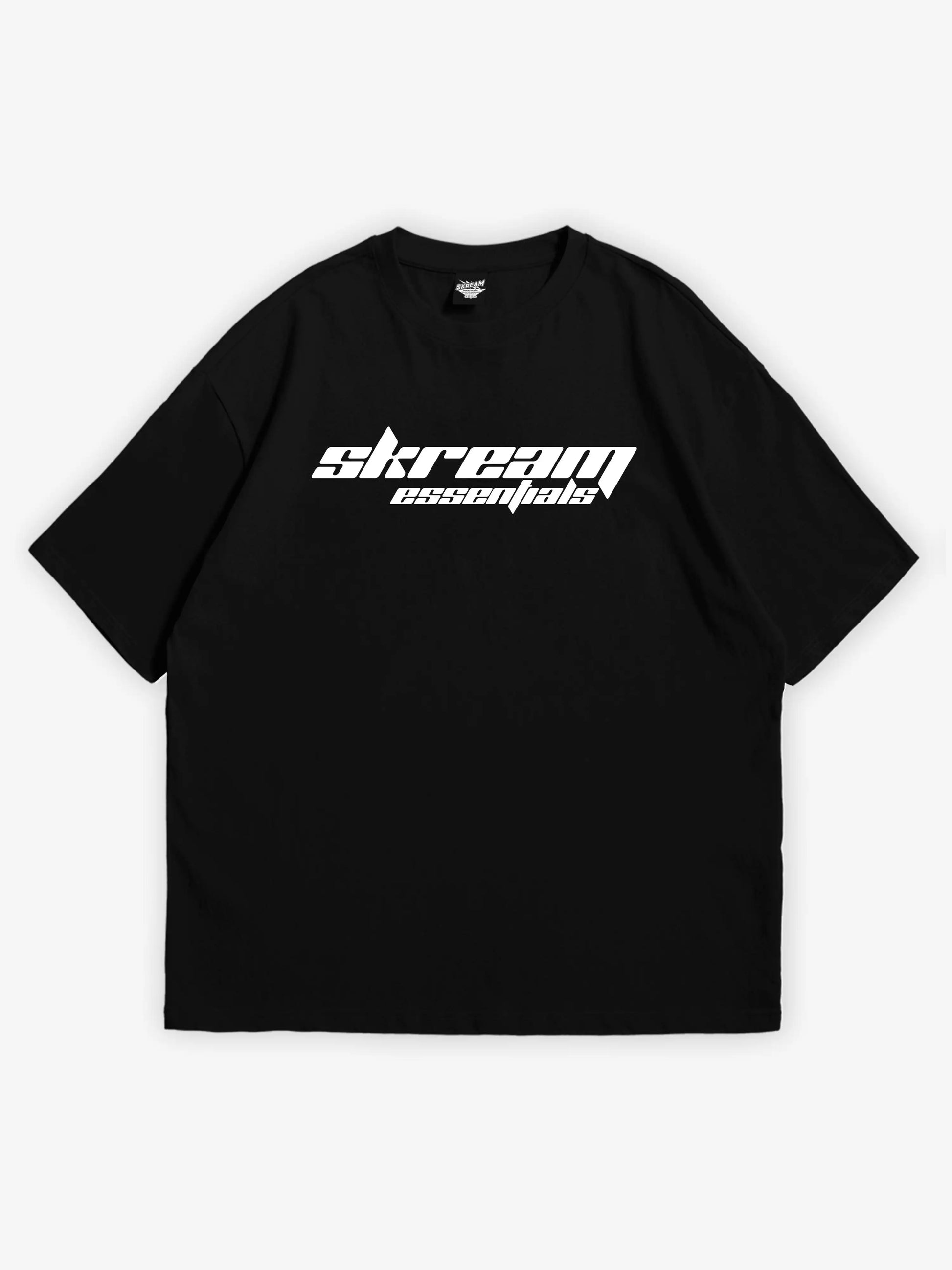 black oversized t-shirt, skream essentials graphic y2k print, skream streetwear t-shirt
