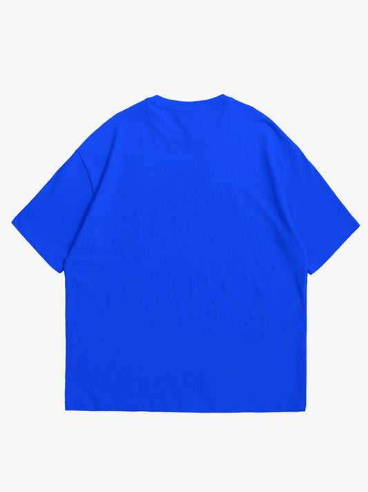 blue oversized t-shirt, skream essentials graphic y2k print, skream streetwear t-shirt