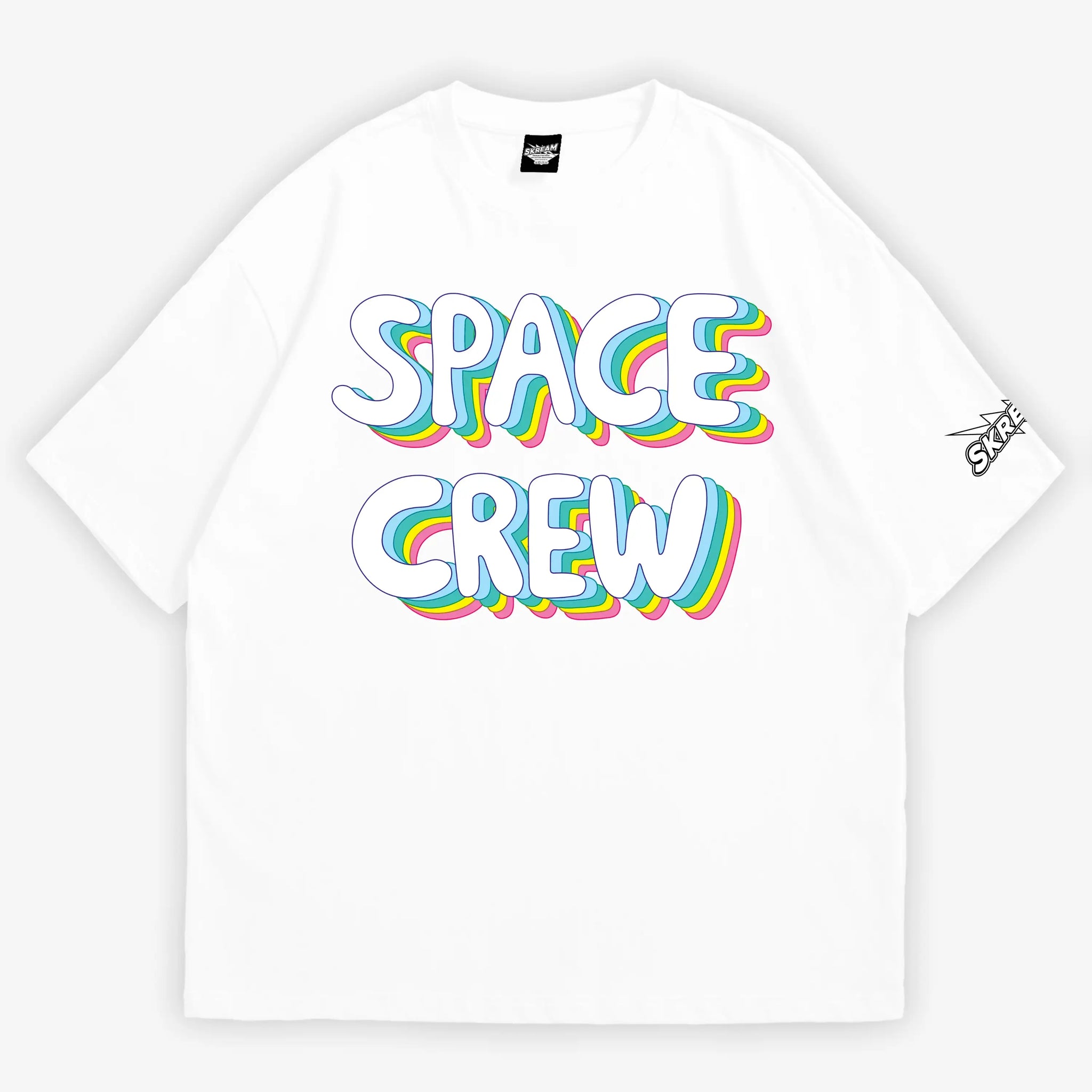 White oversized t-shirt, space crew graphic y2k print, skream streetwear t-shirt