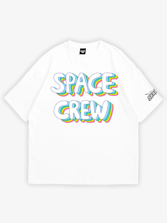 White oversized t-shirt, space crew graphic y2k print, skream streetwear t-shirt