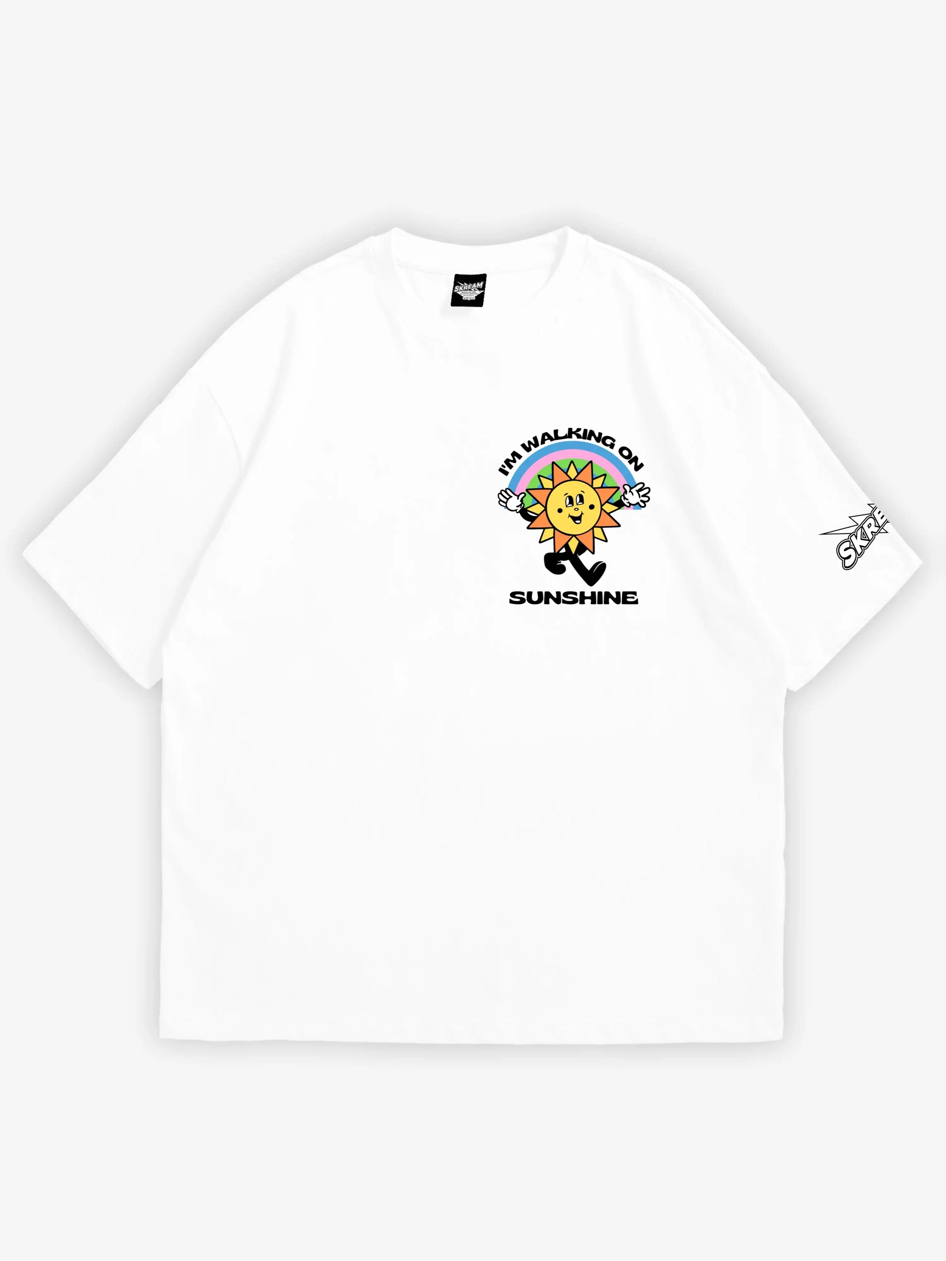 white oversized t-shirt, sunshine walker graphic y2k print, skream streetwear t-shirt