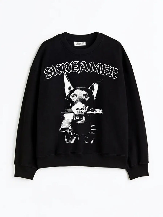 Black oversized sweatshirt, big bully skreamer dog with gun graphic y2k print, skream streetwear t-shirt