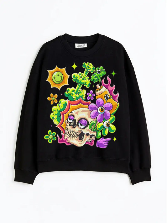 Black oversized sweatshirt, huffing paint skull colorful graphic y2k print, skream streetwear t-shirt