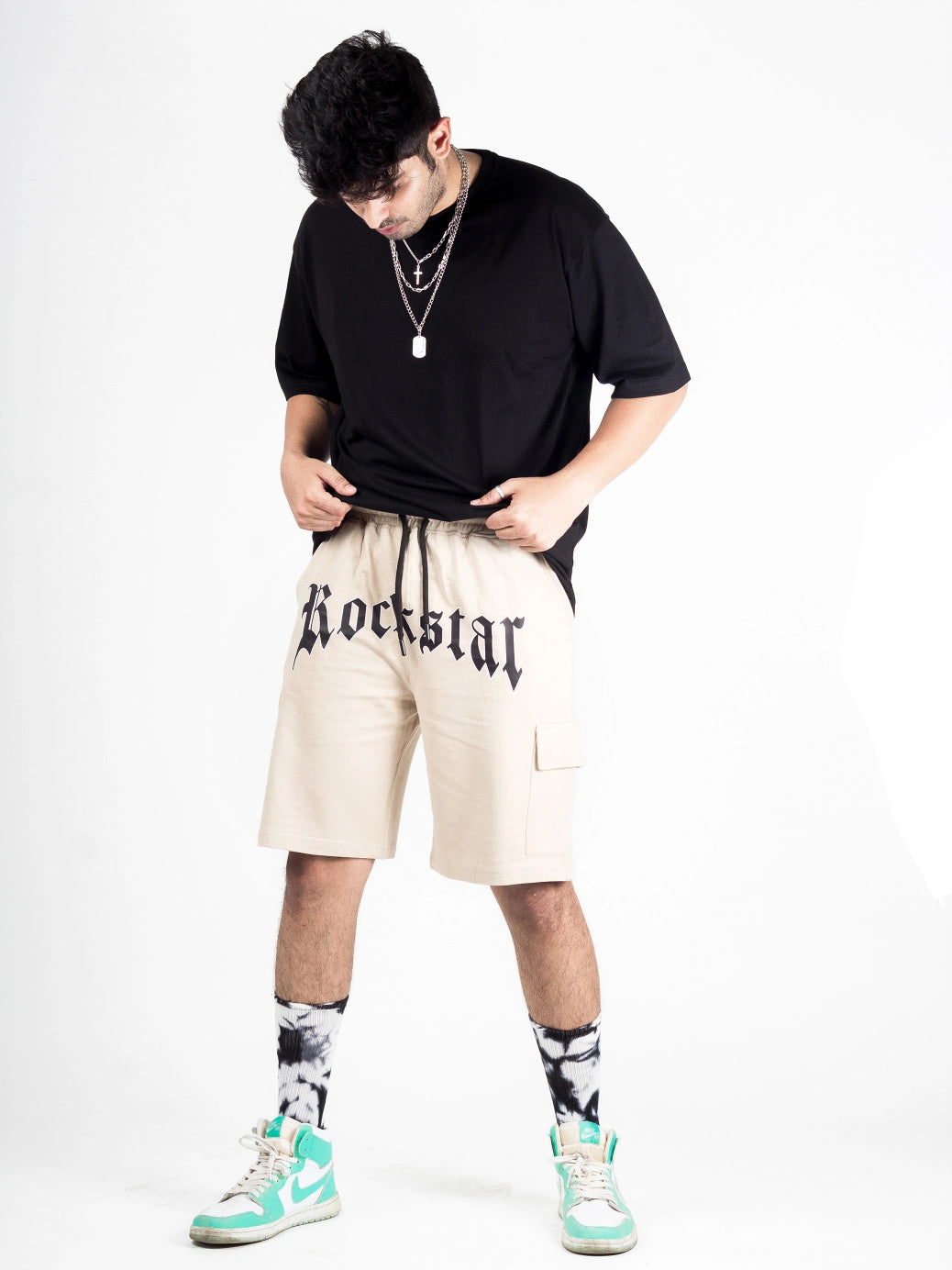 Relaxed Fit Beige Rockstar Shorts for Men