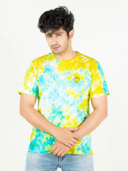 Tie and dye t-shirt for men, yellow blue print, skream streetwear t-shirt 