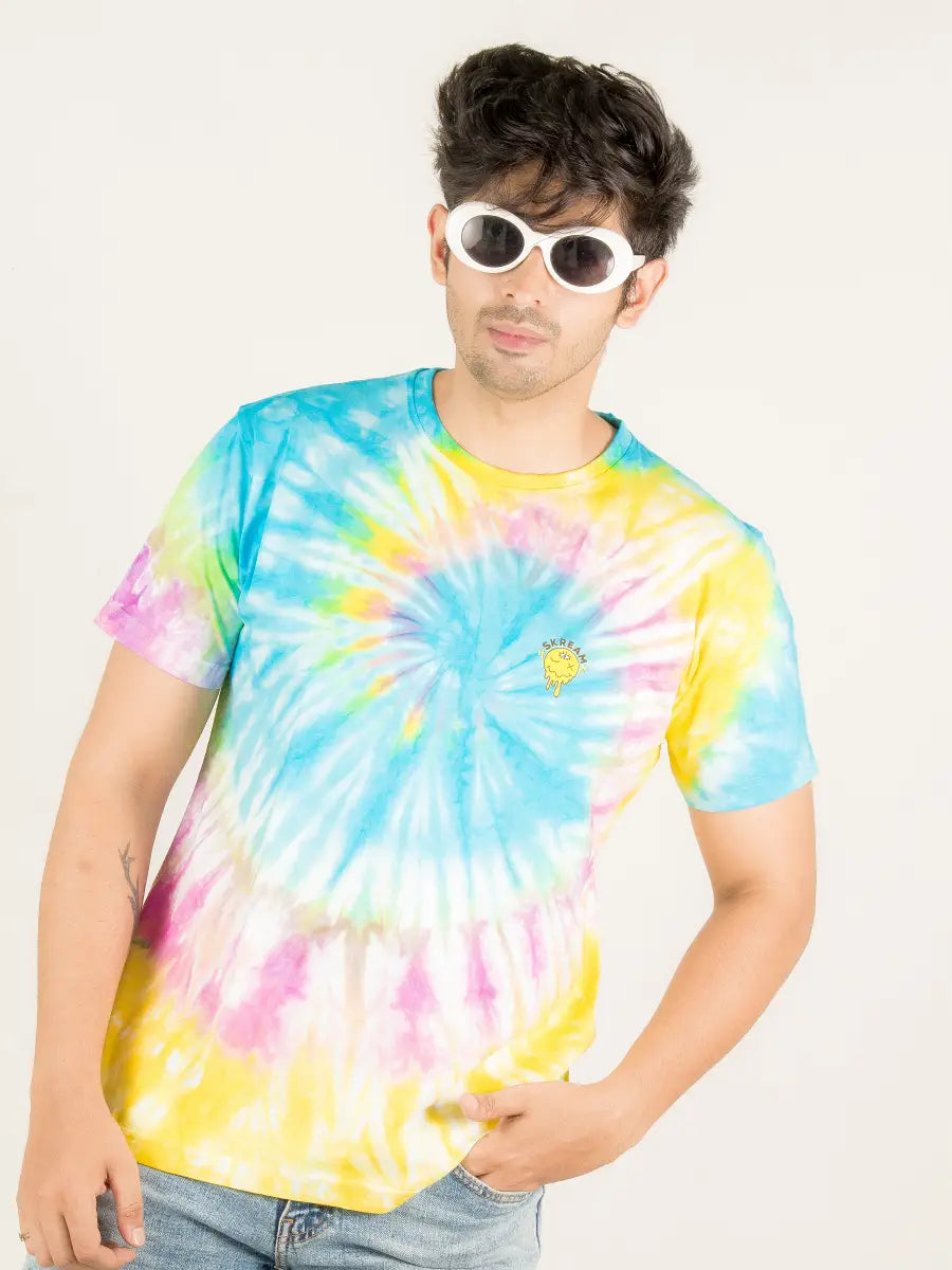 Tie and dye t-shirt, multicolour rainbow print, skream streetwear t-shirt 