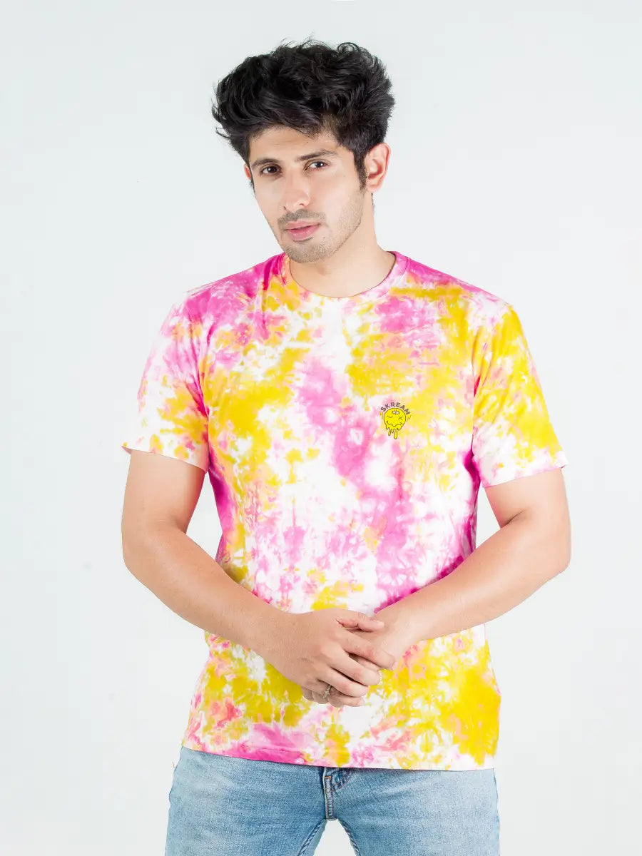 Tie and dye t-shirt for men, yellow pink print, skream streetwear t-shirt 