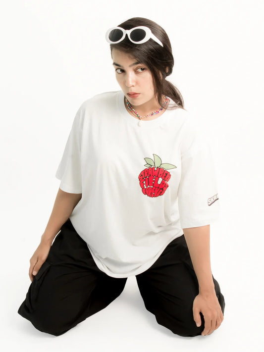 White Beatles oversized t-shirt for women, Cotton printed tshirt, strawberry fields forever front