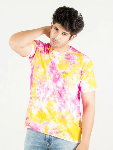 Tie and dye t-shirt for men, yellow pink print, skream streetwear t-shirt 