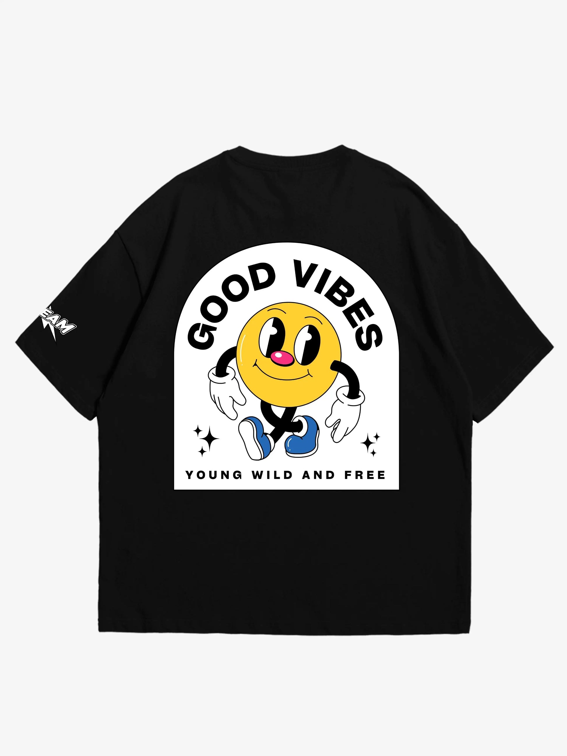 black oversized t-shirt, good vibes graphic y2k print, skream streetwear t-shirt