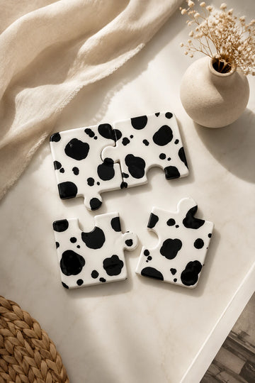Cow Print Puzzle Coasters Set | Handmade Ceramic Drink Coasters | Modern Table Decor | Skream