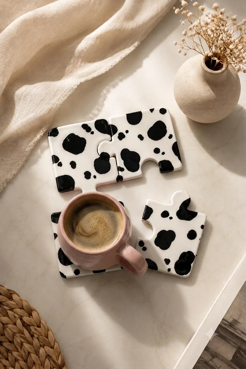Cow Print Puzzle Coasters Set | Handmade Ceramic Drink Coasters | Modern Table Decor | Skream