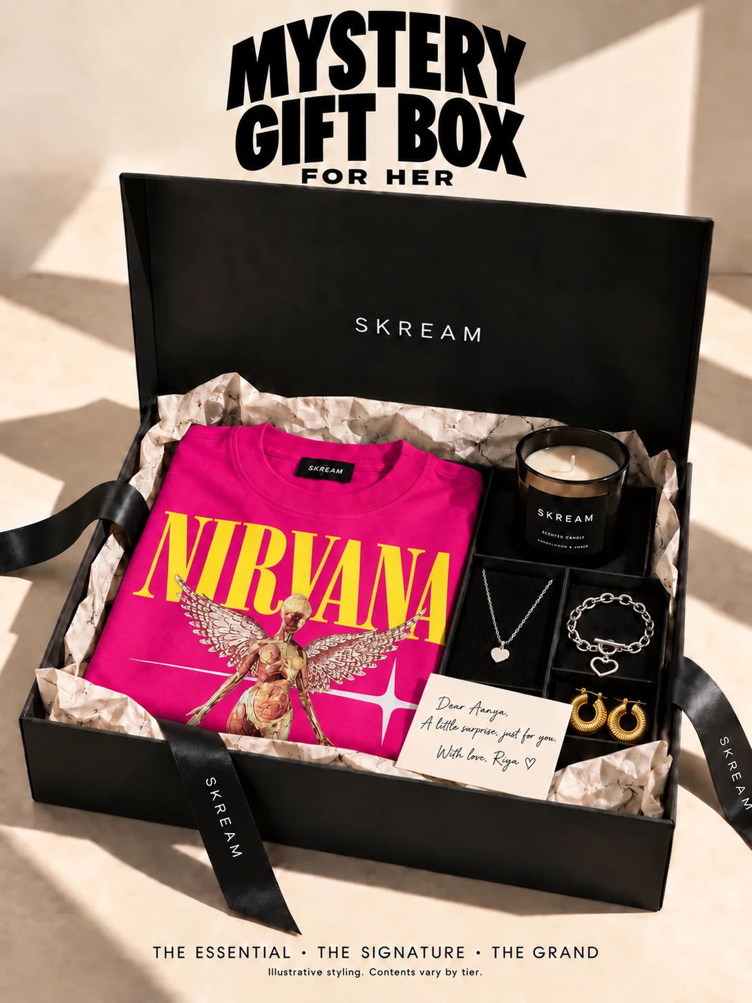 SKREAM Mystery Gift Box for Her — closed black gift box with satin ribbon