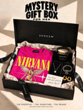 SKREAM Mystery Gift Box for Her — illustrative pink Nirvana tee, heart necklace, heart bracelet, gold ribbed hoop earrings, candle and personalised note; contents vary
