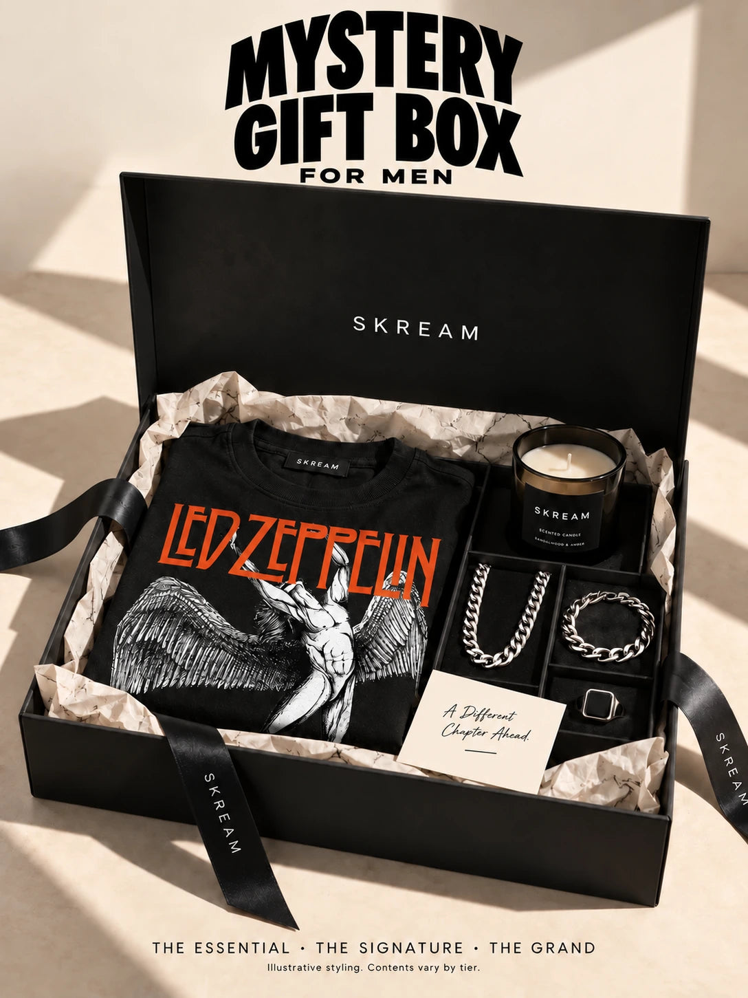 Mystery Gift Box for Men — bold arched black lettering above a closed black gift box with satin ribbon