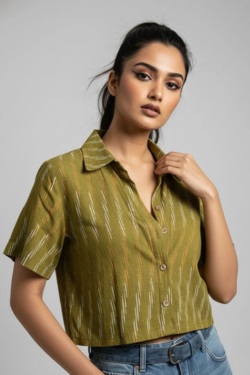 Ikat Print Cotton Cropped Shirt