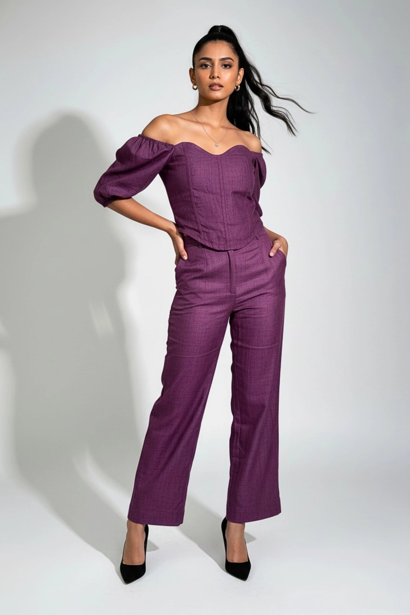 Purple Linen Corset Top & Pants Co-ord Set