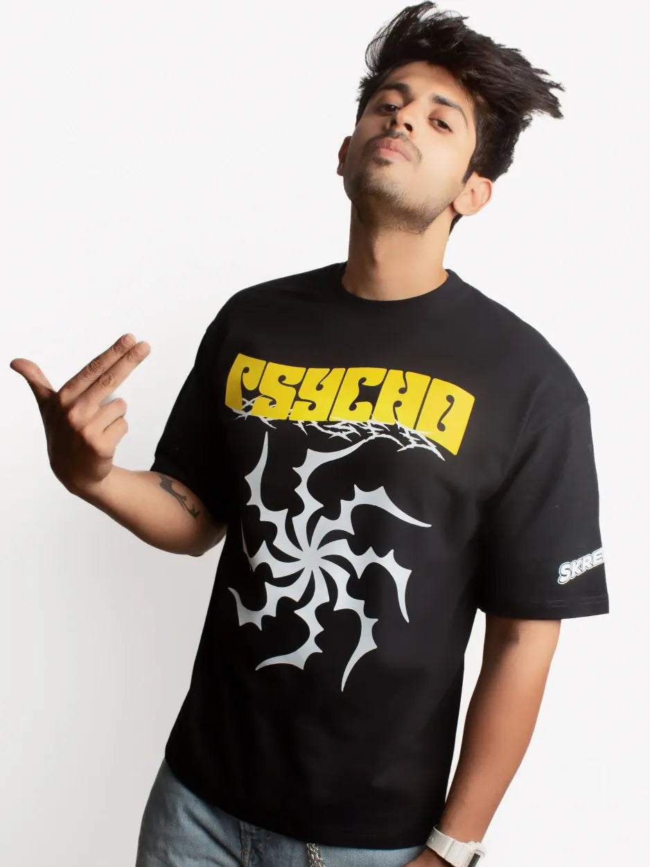 blackoversized t-shirt, psycho black and yellow graphic y2k print, skream streetwear t-shirt