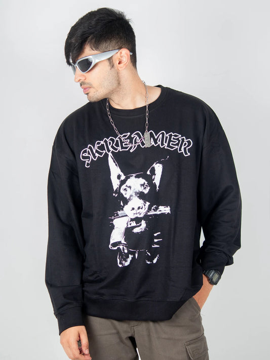 Black oversized Sweatshirt, skreamer big bully dog with gun graphic y2k print, skream streetwear t-shirt 